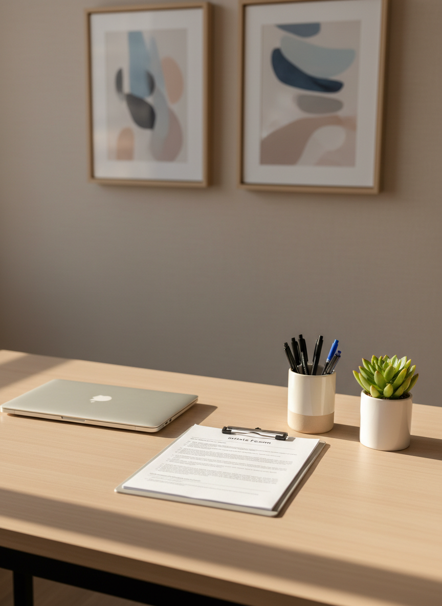 A minimalist therapist’s desk setup in photographic realism, featuring a sleek light-wood desk with a matte-finish laptop closed beside a stack of neatly aligned intake forms on a clipboard and a ceramic cup filled with fine-tipped pens. A small, healthy succulent in a white planter adds a touch of nature near the corner. In the background, a blurred, neutral-toned wall holds framed, abstract art in soft blues and beiges. Warm, indirect afternoon light from an unseen window washes across the desktop, creating soft highlights on the paper edges and gentle shadows under objects. Shot from a slightly elevated angle with balanced composition, the atmosphere feels organized, confidential, and reassuring, reflecting a professional counseling practice that’s ready for new clients.