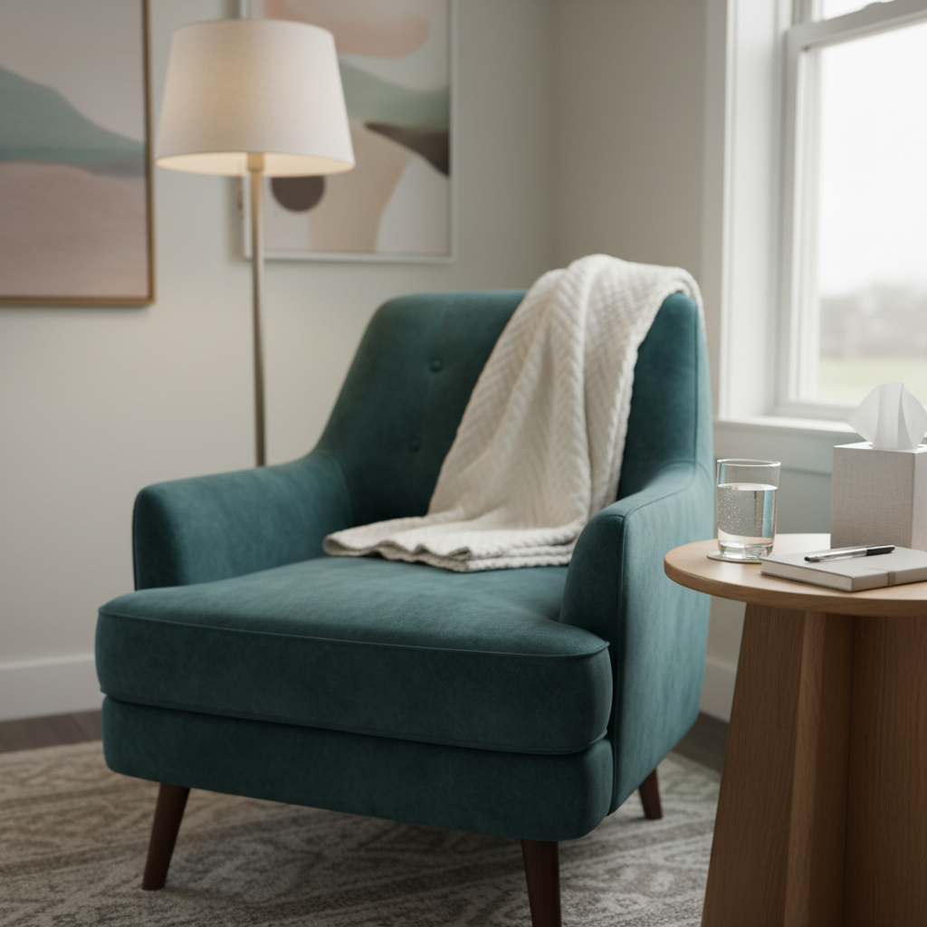 A cozy therapy corner designed for anxiety relief, with a plush, deep teal armchair angled slightly toward a small round side table holding a glass of water, a box of tissues, and a slim, linen-covered notebook. A textured cream throw blanket is folded neatly over one armrest, and a subtle patterned rug in soft grays anchors the space. A floor lamp with a linen shade casts warm, diffused light, complemented by soft overcast daylight from an adjacent window, creating layered, gentle illumination. Photographed at eye level with a shallow depth of field so the chair and table are in sharp focus while the background wall with muted artwork fades into a soft blur. The mood is soothing, grounded, and reassuring, ideal for clients dealing with anxiety or trauma.