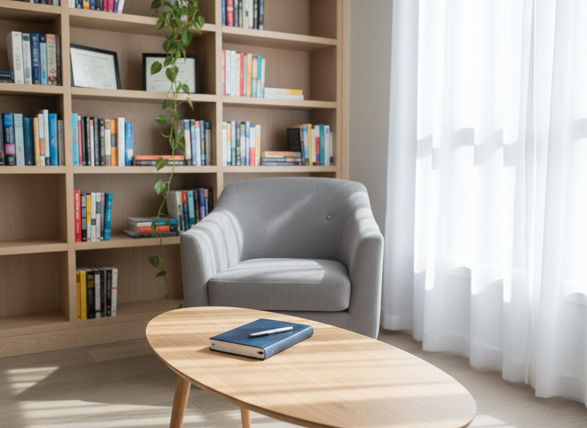 A bright, uncluttered therapy office featuring a soft gray upholstered armchair facing a low, pale oak coffee table with a single closed journal and pen resting neatly on top. Behind, a tall bookshelf holds neatly arranged psychology books and a small, thriving pothos plant cascading from the upper shelf. Natural daylight filters through sheer white curtains from a large side window, casting gentle, diffused shadows and creating a calm, even glow across the room. Photographed at eye level in photographic realism with a shallow depth of field, the foreground in crisp focus and the background subtly blurred. The overall mood is professional, welcoming, and safe, ideal for representing compassionate counseling services in North Dallas.
