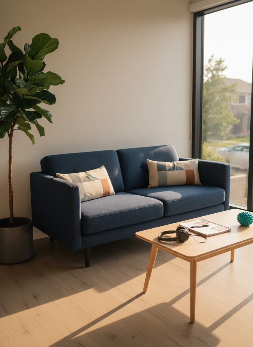 A quiet teen counseling space in photographic realism, featuring a modern, low-profile navy sofa with simple, clean lines and a couple of muted, geometric-patterned pillows. In front, a light birch coffee table holds a closed spiral notebook with colorful tabs, a pair of over-ear headphones, and a small stress ball, suggesting a relaxed, expressive environment. A tall plant in a matte charcoal pot stands in the corner, softening the room. Natural late-afternoon light enters from a side window, creating a gentle, warm glow and soft shadows on the light wood floor. Shot from a slightly low angle with rule-of-thirds framing, the image feels approachable, non-judgmental, and safe, well-suited for adolescent therapy sessions in a suburban North Dallas office.